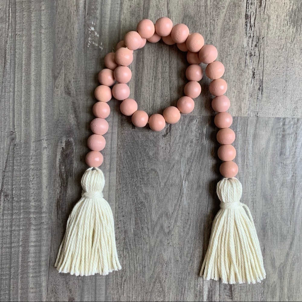 Blush Pink Wood Bead Garland 28” Ivory Tassels Beaded Rope Farmhouse Boho